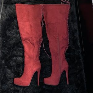 Burgundy lace up thigh high boots